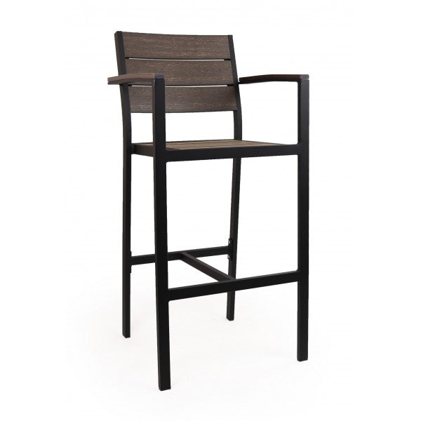 Outdoor/Indoor Aluminum Bar Stool with Synthetic Brushed Brown Teak Wood Slats G816BR-BS