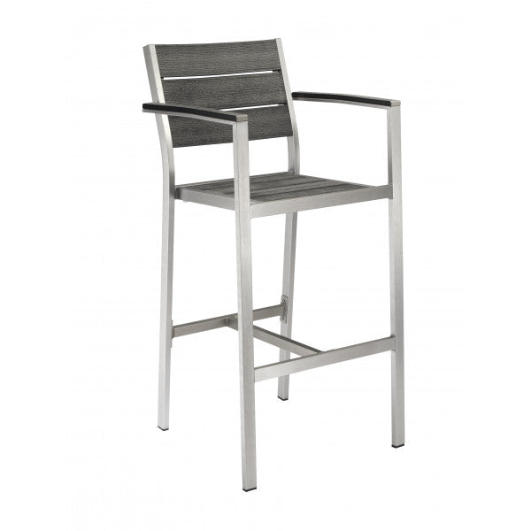 Outdoor/Indoor Brushed Aluminum Bar Stool with Black Synthetic Pewter Teak Wood Slats G816P-BS