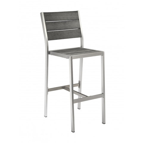 Outdoor/Indoor Brushed Aluminum Bar Stool with Black Synthetic Pewter Teak Wood Slats G816P-BS