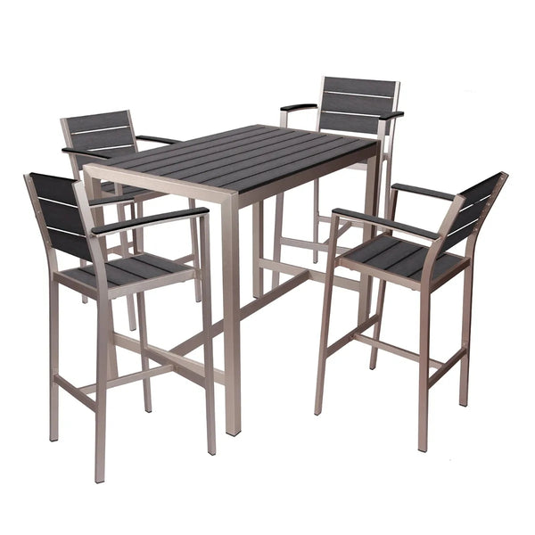 Outdoor/Indoor Brushed Aluminum Bar Stool with Black Synthetic Pewter Teak Wood Slats G816P-BS