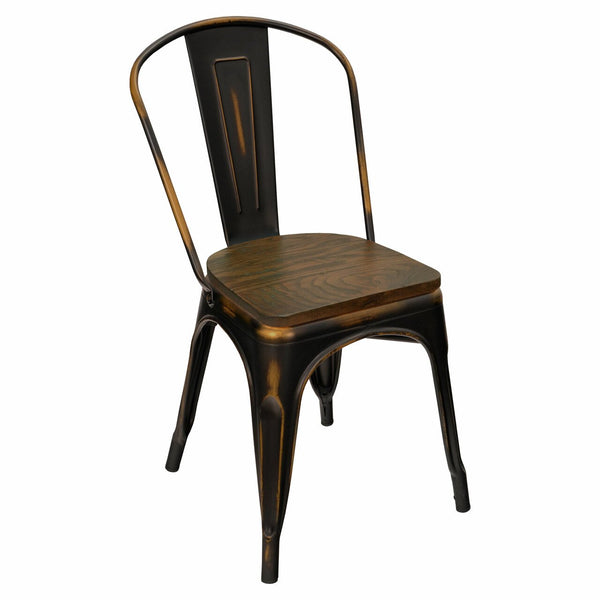 Metal Restaurant Chair - Distressed Black & Copper with wood seat