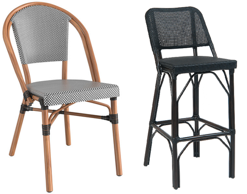 Aluminum Bamboo Outdoor Bar Stool Black Mesh with Black Frame and Side Chair Brown Frame with Black/White Material