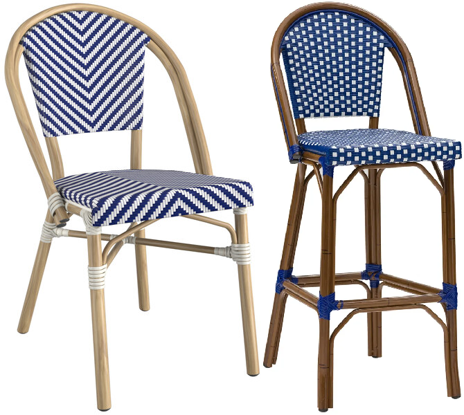 Aluminum Bamboo Outdoor Blue Stripe Chair with Light Frame and Blue White Checkered Stool with Dark Frame