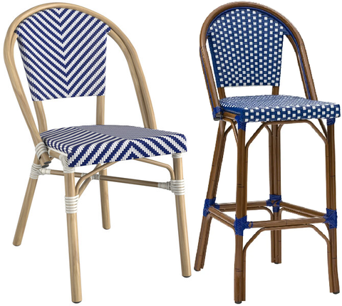 Aluminum Bamboo Outdoor Blue Stripe Chair with Light Frame and Blue White Checkered Stool with Dark Frame