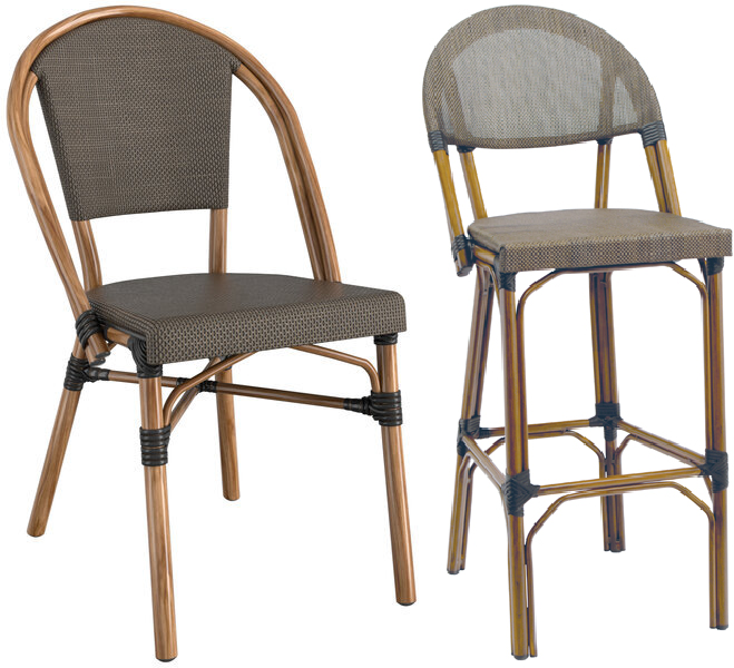 Aluminum Bamboo Outdoor Bar Stool Brown Mesh and Brown Frame and Side Chair Brown Frame with Brown Mesh Material - Restaurant Chairs Direct.COM