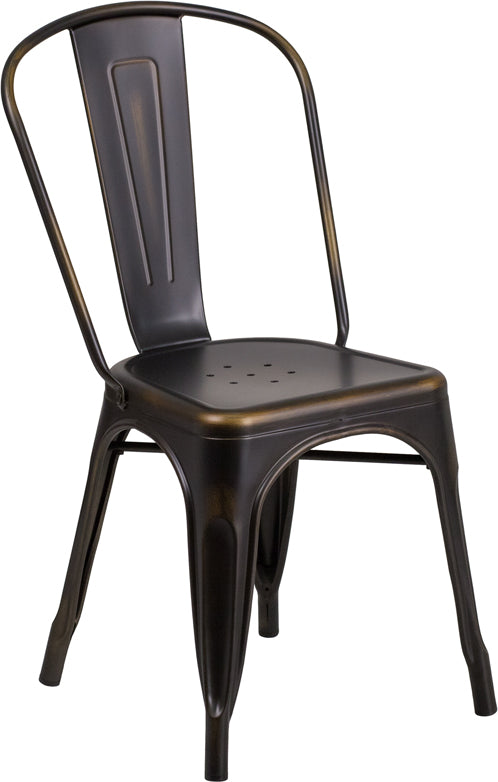 Tolix Style Industrial Indoor Outdoor Distressed Metal Chair Black/Copper Finish #F435-BL/C - Restaurant Chairs Direct.COM