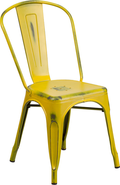 Tolix Style Industrial Indoor Outdoor Distressed Metal Chair Black Finish #F435-BL - Restaurant Chairs Direct.COM