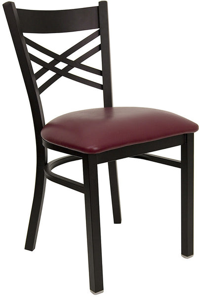 Cross Back Metal Restaurant Chair with Burgundy Vinyl Seat #F12-BUR - Restaurant Chairs Direct.COM