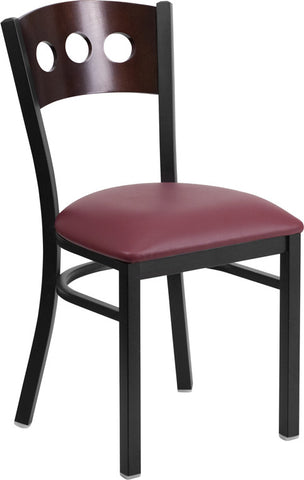 3 Circle Back Metal Restaurant Chair with Walnut Wood Back & Burgundy Vinyl Seat - Restaurant Chairs Direct.COM