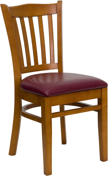 Vertical Slat Back Cherry Wood Restaurant Chair - Burgundy Vinyl Seat F29CH-BUR - Restaurant Chairs Direct.COM