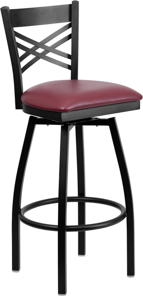 Cross Back Metal Restaurant Barstool with Burgundy Vinyl - Restaurant Chairs Direct.COM