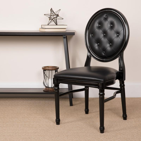 King Louis Chair, Black Resin Frame with Tufted Black Vinyl #F-LEB-TGG