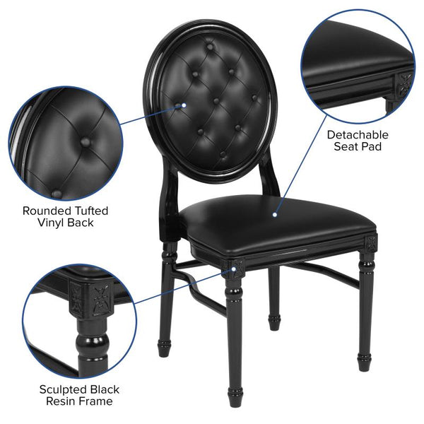 King Louis Chair, Black Resin Frame with Tufted Black Vinyl #F-LEB-TGG