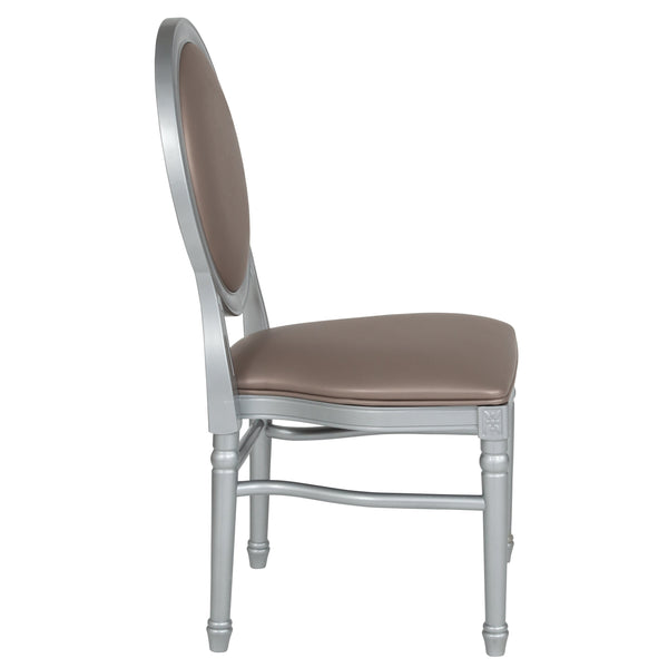 King Louis Chair with Taupe Vinyl Back and Seat and Silver Frame 900 lb Capacity <span style="color: #ff2a00;">335 in stock 04/3/22 </span></p>