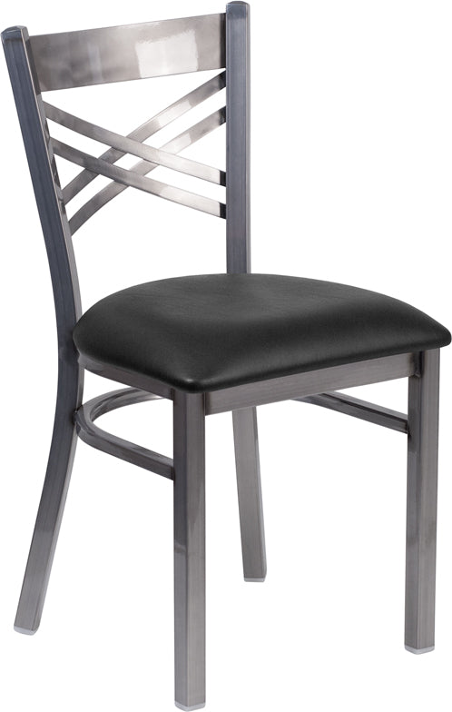 Cross Back Metal Restaurant Chair - Black Vinyl Seat Clear Coat #F12BL-CC
