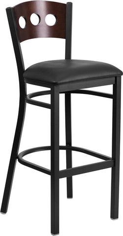 3 Circle Back Metal Restaurant Barstool with Walnut Wood Back & Black Vinyl Seat - Restaurant Chairs Direct.COM