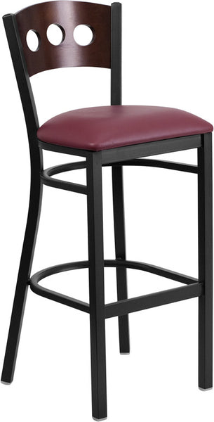 3 Circle Back Metal Restaurant Barstool with Walnut Wood Back & Black Vinyl Seat - Restaurant Chairs Direct.COM