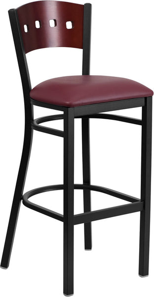 4 Square Back Metal Restaurant Barstool with Mahogany Wood Back & Burgundy Vinyl Seat - Restaurant Chairs Direct.COM