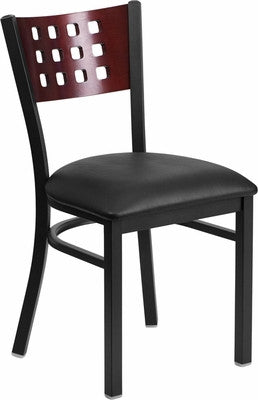 12 SQUARE BACK METAL RESTAURANT CHAIR - MAHOGANY WOOD BACK, BLACK VINYL SEAT - Restaurant Chairs Direct.COM