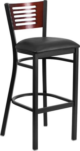 Slat Back Metal Restaurant Barstool with Mahogany Wood Back & Burgundy Vinyl Seat - Restaurant Chairs Direct.COM