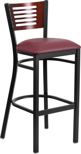 Slat Back Metal Restaurant Barstool with Mahogany Wood Back & Burgundy Vinyl Seat - Restaurant Chairs Direct.COM