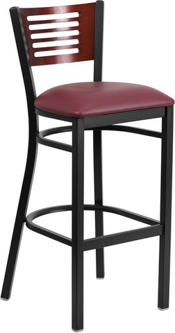 Slat Back Metal Restaurant Barstool with Mahogany Wood Back & Burgundy Vinyl Seat - Restaurant Chairs Direct.COM