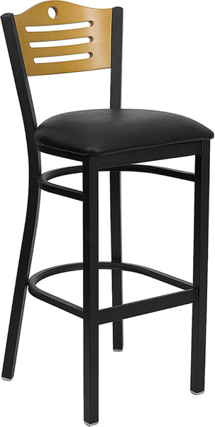 Slat Back Metal Restaurant Barstool with Natural Wood Back & Burgundy Vinyl Seat - Restaurant Chairs Direct.COM