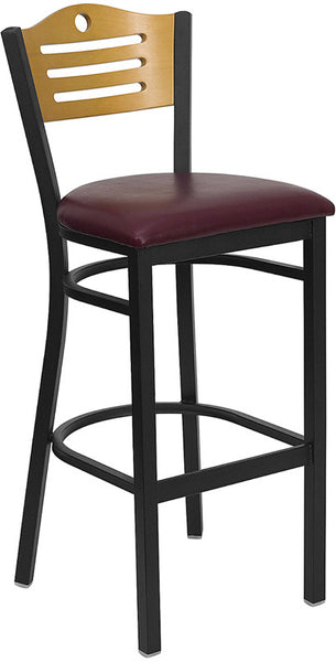 Slat Back Metal Restaurant Barstool with Natural Wood Back & Burgundy Vinyl Seat - Restaurant Chairs Direct.COM