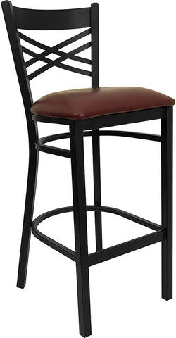 Cross Back Metal Restaurant Barstool with Burgundy Vinyl - Restaurant Chairs Direct.COM
