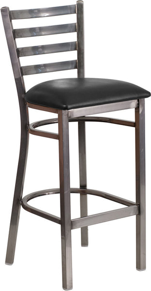 Ladder Back Metal Restaurant Barstool with Black Vinyl Seat, Clear Coat Finish - Restaurant Chairs Direct.COM