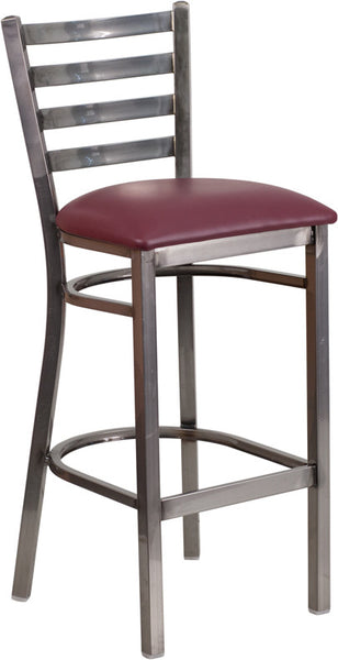 Ladder Back Metal Restaurant Barstool with Black Vinyl Seat, Clear Coat Finish - Restaurant Chairs Direct.COM