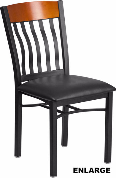 E SERIES VERTICAL BACK METAL AND CHERRY WOOD RESTAURANT CHAIR WITH BLACK VINYL SEAT - Restaurant Chairs Direct.COM