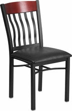 E SERIES VERTICAL BACK BLACK METAL AND MAHOGANY WOOD RESTAURANT CHAIR WITH BLACK VINYL SEAT - Restaurant Chairs Direct.COM
