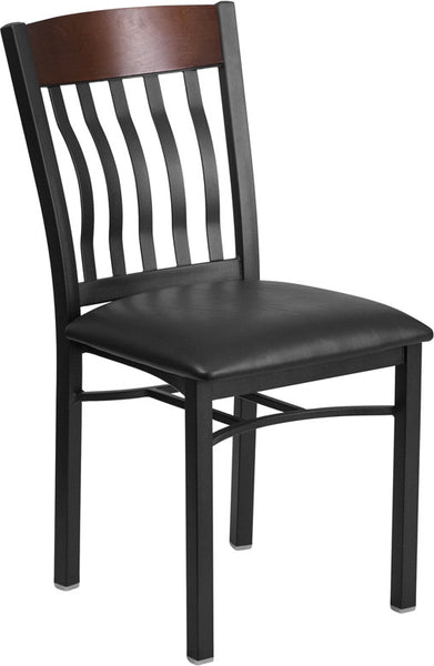 E SERIES VERTICAL BACK BLACK METAL AND WALNUT WOOD RESTAURANT CHAIR WITH BLACK VINYL SEAT - Restaurant Chairs Direct.COM