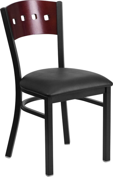 4 SQUARE BACK METAL RESTAURANT CHAIR - MAHOGANY WOOD BACK, BLACK VINYL SEAT - Restaurant Chairs Direct.COM