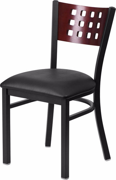 12 SQUARE BACK METAL RESTAURANT CHAIR - MAHOGANY WOOD BACK, BLACK VINYL SEAT - Restaurant Chairs Direct.COM