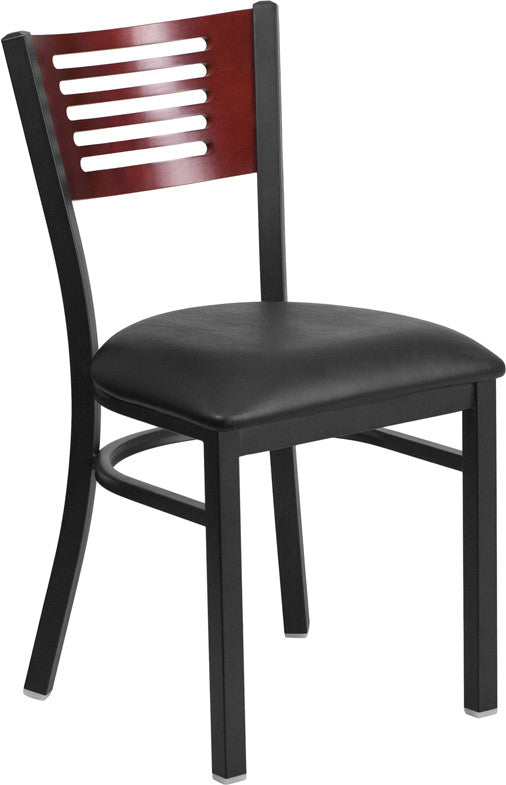 SLAT BACK METAL RESTAURANT CHAIR - MAHOGANY WOOD BACK, BLACK VINYL SEAT - Restaurant Chairs Direct.COM
