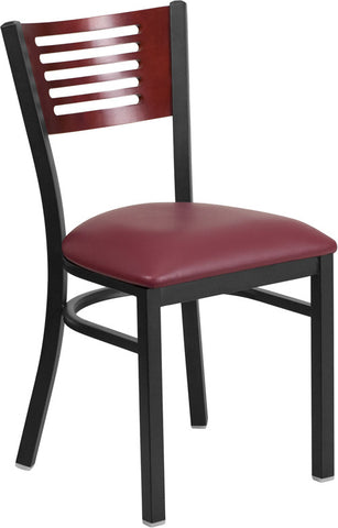 SLAT BACK METAL RESTAURANT CHAIR - MAHOGANY WOOD BACK, BURGUNDY VINYL SEAT - Restaurant Chairs Direct.COM