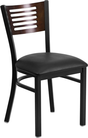 SLAT BACK METAL RESTAURANT CHAIR - WALNUT WOOD BACK, BLACK VINYL SEAT - Restaurant Chairs Direct.COM