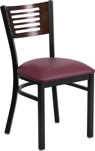 SLAT BACK METAL RESTAURANT CHAIR - WALNUT WOOD BACK, BURGUNDY VINYL SEAT - Restaurant Chairs Direct.COM