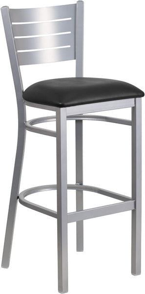 Silver Slat Back Metal Restaurant Barstool with Black Vinyl Seat - Restaurant Chairs Direct.COM