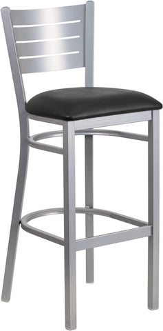 Silver Slat Back Metal Restaurant Barstool with Black Vinyl Seat - Restaurant Chairs Direct.COM