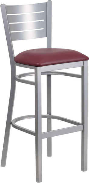 Silver Slat Back Metal Restaurant Barstool with Black Vinyl Seat - Restaurant Chairs Direct.COM