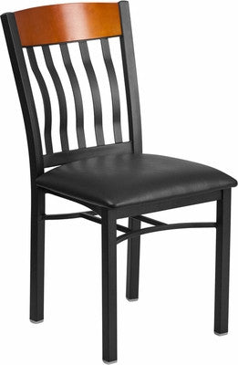 E SERIES VERTICAL BACK METAL AND CHERRY WOOD RESTAURANT CHAIR WITH BLACK VINYL SEAT - Restaurant Chairs Direct.COM