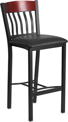 Vertical Back Black Metal and Mahogany Wood Restaurant Barstool with Black Vinyl Seat - Restaurant Chairs Direct.COM