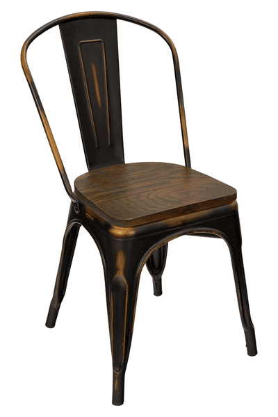 Tolix Style Distressed Black Finish Chair w/ Wood Seat #E939W-B - Restaurant Chairs Direct.COM