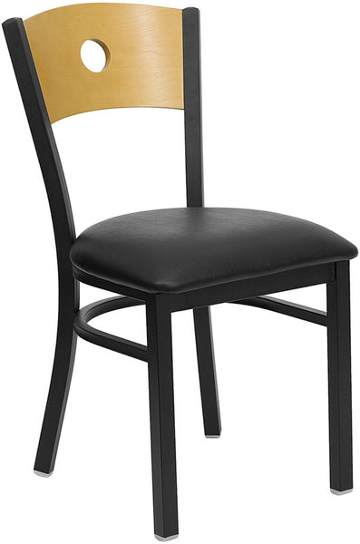 Circle Back Metal Restaurant Chair - Natural Wood Back, Black Vinyl Seat - Restaurant Chairs Direct.COM