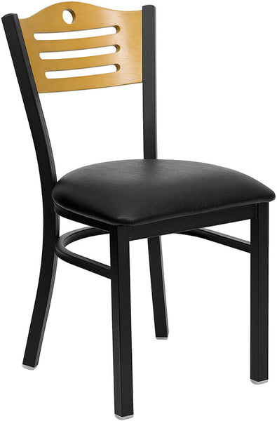 CROWN BACK METAL RESTAURANT CHAIR - NATURAL WOOD BACK, BLACK VINYL SEAT - Restaurant Chairs Direct.COM